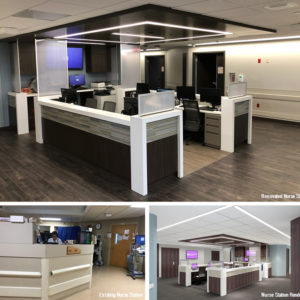 NM McHenry Hospital bed tower renovation, nurse station before and after